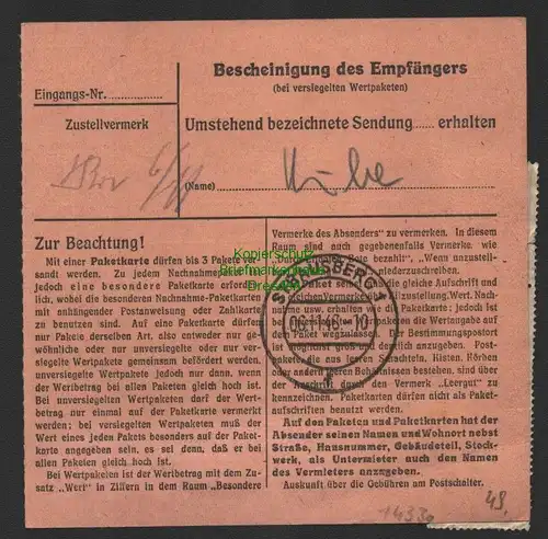 B14330 Deutschland Alliierte Besetzung Paketkarte Zerrenthin (Uckerm) Notstempel