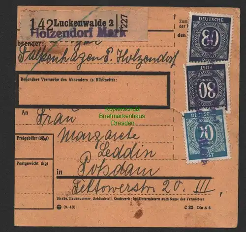 B14321 Alliierte Besetzung Paketkarte Holzendorf M. Luckenwalde 1946 Notstempel