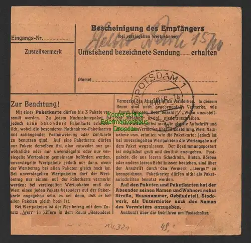 B14321 Alliierte Besetzung Paketkarte Holzendorf M. Luckenwalde 1946 Notstempel