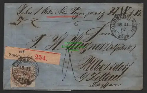 B14351 Preussen 18 Paketbegleitbrief Goldberg 1867 nach Olbersdorf bei Zittau