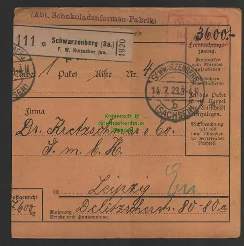 B14372 DR 1923 Paketkarte Gebühr bezahlt Schwarzenberg Schokoladenformen Fabrik
