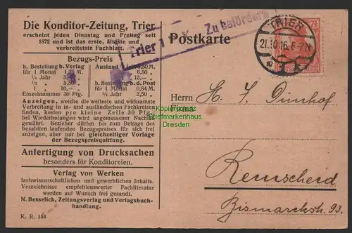 B14368 DR 99 Postkarte Trier Zensur Postkontrolle 1916 Die Konditor Zeitung