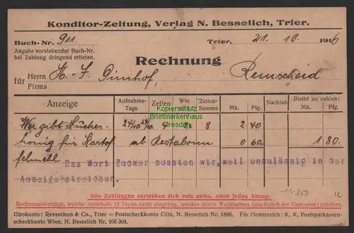 B14368 DR 99 Postkarte Trier Zensur Postkontrolle 1916 Die Konditor Zeitung