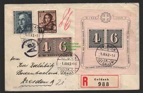 B14373 R-Brief Schweiz Goldach St. Gallen 1943 Block 8 100 Jahre Schweizerische