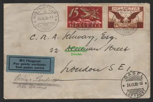 B14378 Brief Schweiz 1930 Mit Flugpost Winterthur nach London 233 x