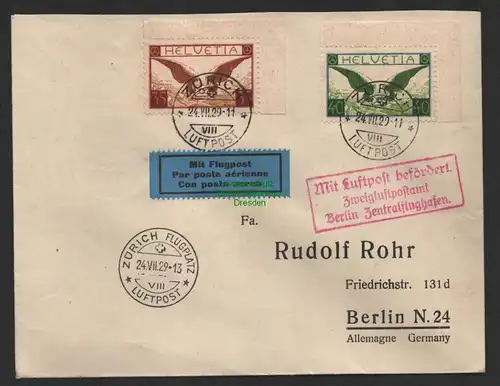 B14376 Brief Schweiz 1929 Mit Flugpost Zürich - Berlin Zentralflughafen 233 234