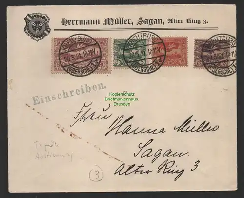 B14390 Brief Oberschlesien 1921 Kreuzburg Tag der Abstimmung 20.3. nach Sagan