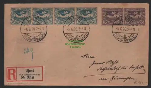 B14389 R-Brief Oberschlesien 1920 Ujest Kreis Groß Strehlitz nach Sachsendorf