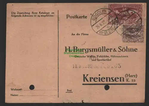 B14392 Postkarte Oberschlesien 1922 Gogolin Kreis Groß Strehlitz nach Kreiensen