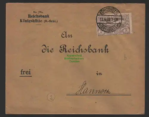 B14398 Brief Oberschlesien 27 Reichsbank Königshütte nach Hannover 1922