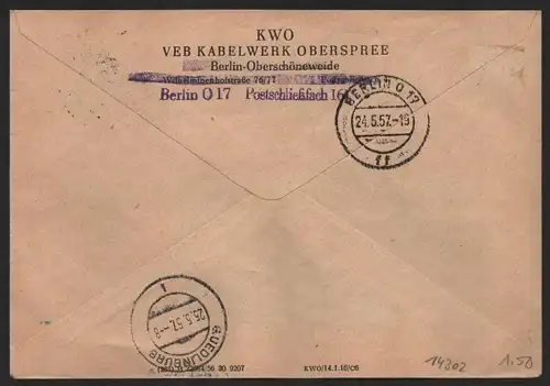 B14302 DDR ZKD Brief 1957 15 1605 Köpenick VEB Kabelwerk Oberspree KWO ZKD 161 a