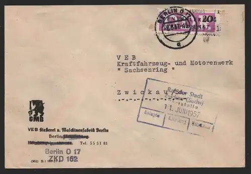 B14295 DDR ZKD Brief 1957 15 1604 Lichtenberg VEB Gießerei u. Maschinenfabrik ZK