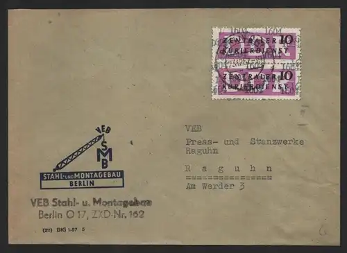 B14294 DDR ZKD Brief 1957 2x14 1604 Lichtenberg VEB Stahl- und Montagebau ZKD 16