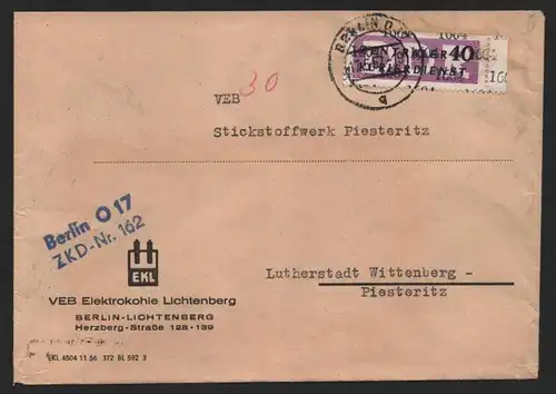 B14293 DDR ZKD Brief 1957 12 1604 Lichtenberg VEB Elektrokohle ZKD 162 an VEB St