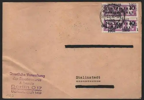 B14288 DDR ZKD Brief 1957 2x10 1603 Prenzlauer Berg Staatliche Verwaltung der St