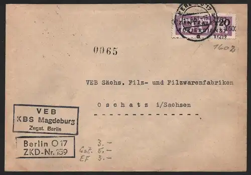 B14284 DDR ZKD Brief 1957 11 1602 Friedrichshain VEB KBS Magdeburg Zweigstelle B