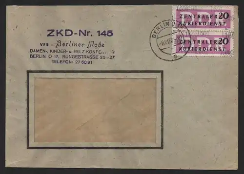 B14282 DDR ZKD Brief 1957 2x15 1601 Mitte  VEB Berliner Mode ZKD 145 an nach Gre