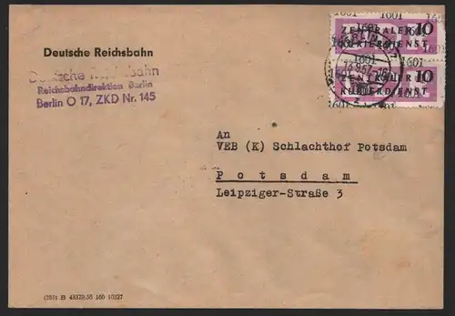 B14280 DDR ZKD Brief 1957 14 1601 Mitte  Deutsche Reichsbahn ZKD 145 an VEB (K)