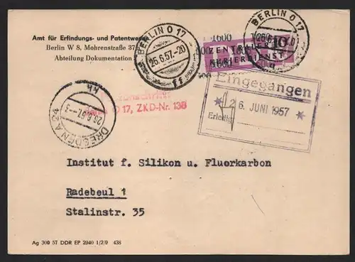 B14274 DDR ZKD Brief 1957 14 1600 Berlin Ministerien Amt für Erfindungs- und Pat