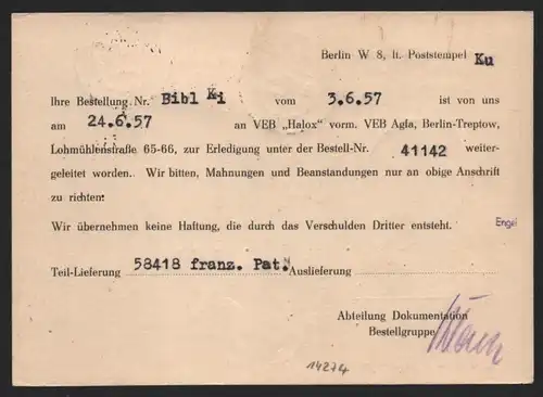 B14274 DDR ZKD Brief 1957 14 1600 Berlin Ministerien Amt für Erfindungs- und Pat