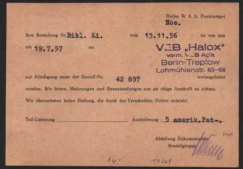 B14269 DDR ZKD Brief 1957 14 1600 Berlin Ministerien Amt für Erfindungs- und Pat