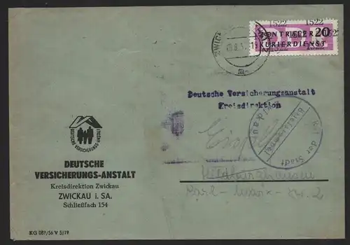 B14262 DDR ZKD Brief 1957 15 1522 Zwickau Deutsche Versicherungs Anstalt an nach