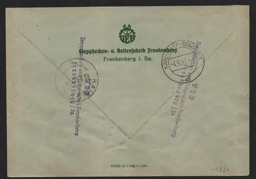 B14231 DDR ZKD Brief 1957 11 1508 Hainichen VEB Steppdecken- u. Bettenfabrik Fra