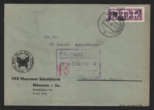 B14228 DDR ZKD Brief 1957 11 1507 Glauchau VEB Meeraner Schuhfabrik an nach Weiß