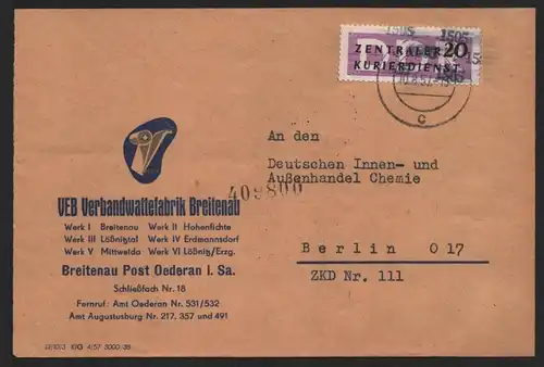 B14226 DDR ZKD Brief 1957 11 1505 Flöha VEB Verbandwattefabrik Breitenau an DIA