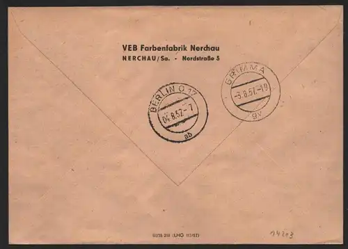 B14203 DDR ZKD Brief 1957 11 1407 Grimma VEB Farbenfabrik Nerchau an DIA Chemie