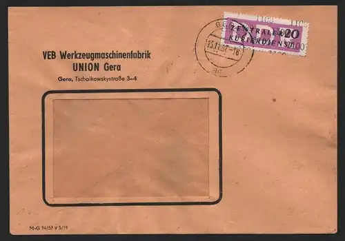 B14091 DDR ZKD Brief 1957 15 1100 Gera VEB Werkzeugmaschinenfabrik UNION an nach