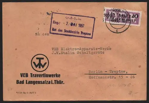 B14074 DDR ZKD Brief 1957 11 9006 Langensalza VEB Travertinwerke  an VEB Elektro