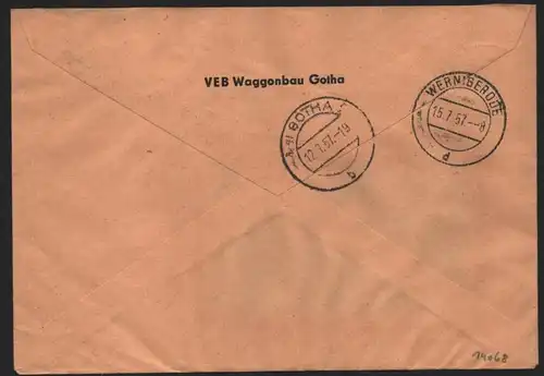 B14068 DDR ZKD Brief 1957 2x10 9004 Gotha VEB Waggonbau an nach Wernigerode