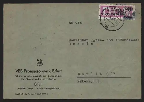 B14058 DDR ZKD Brief 1957 15 9000 Erfurt VEB Promassolwerk Erfurt an DIA Chemie