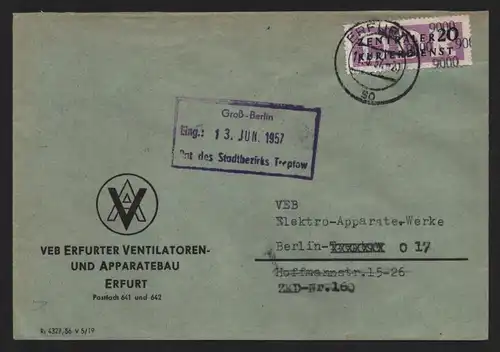 B14055 DDR ZKD Brief 1957 11 9000 Erfurt VEB Erfurter Ventilatoren und Apparateb