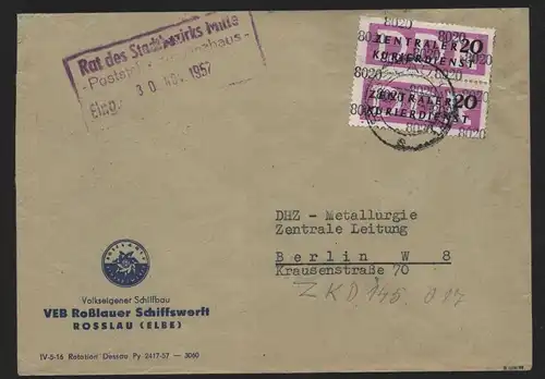 B14054 DDR ZKD Brief 1957 2x15 8020 Roßlau VEB Roßlauer Schiffswerft an DHZ Meta