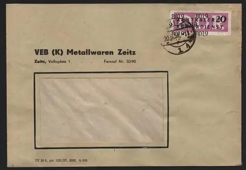 B14052 DDR ZKD Brief 1957 15 8019 Zeitz VEB Metallwaren  an nach Halle Saale