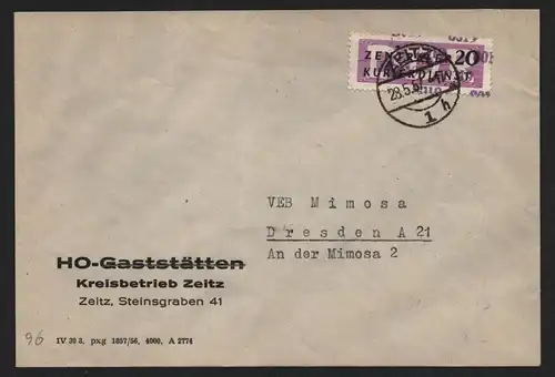 B14051 DDR ZKD Brief 1957 11 8019 Zeitz HO Gaststätten  an VEB Mimosa Dresden