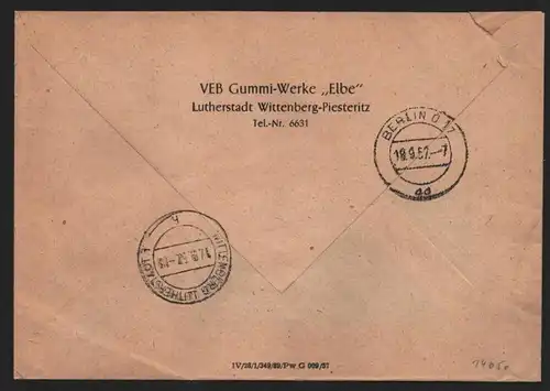 B14050 DDR ZKD Brief 1957 15 8018 Wittenberg VEB Gummiwerke Elbe Elbit Piesterit