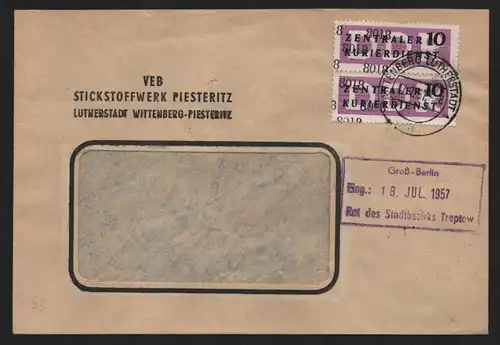 B14047 DDR ZKD Brief 1957 2x10 8018 Wittenberg VEB Stickstoffwerk Piesteritz an