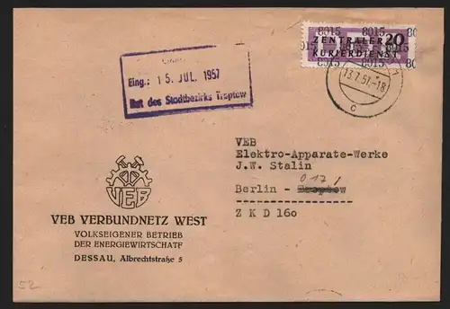 B14037 DDR ZKD Brief 1957 11 8015 Dessau  VEB Verbundnetz West Dessau an VEB Ele