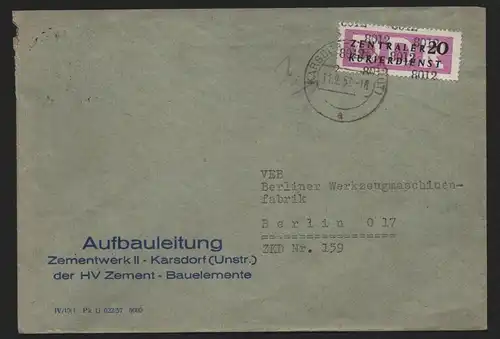 B14035 DDR ZKD Brief 1957 15 8012 Nebra VEB Zementwerk Karsdorf Unstrut Aufbaule