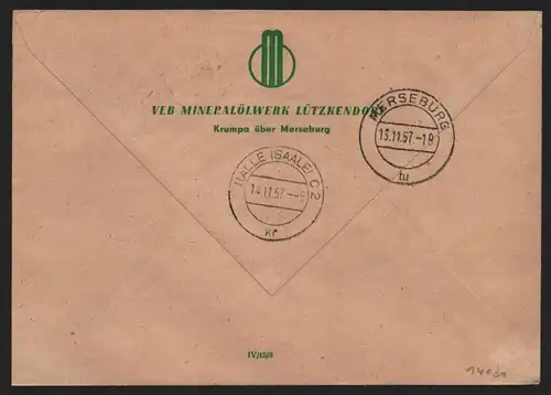 B14031 DDR ZKD Brief 1957 15 8010 Merseburg  VEB Mineralölwerk Lützkendorf an DH