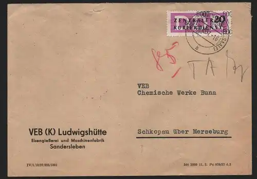 B14024 DDR ZKD Brief 1957 15 8007 Hettstedt VEB (K) Ludwigshütte Eisengießerei M