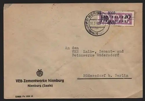 B14011 DDR ZKD Brief 1957 11 8003 Bernburg VEB Zementwerke an Kalkwerk Rüdersdor