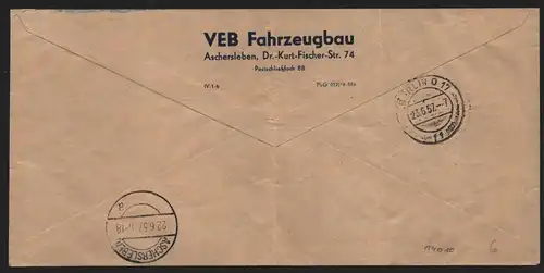 B14010 DDR ZKD Brief 1957 15 8002 Aschersleben VEB Fahrzeugbau  an nach Berlin
