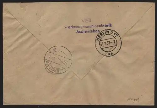B14009 DDR ZKD Brief 1957 12 8002 Aschersleben VEB Werkzeugmaschinenfabrik an na