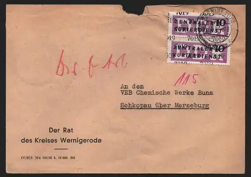 B13995 DDR ZKD Brief 1957 2x10 7019 Wernigerode Rat des Kreises an VEB Chemische