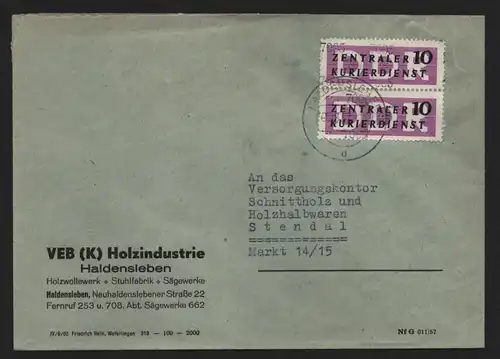 B13980 DDR ZKD Brief 1957 2x10 7005 Haldensleben VEB (K) Holzindustrie an Versor