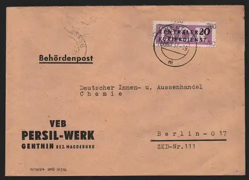 B13978 DDR ZKD Brief 1957 11 7003 Genthin VEB Persil-Werk an DIA Chemie Berlin